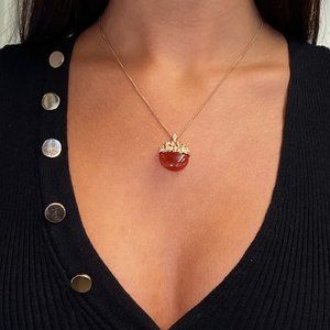 Luca Carati Red Agate Diamond Pendant Necklace 18K Rose Gold 0.30Cttw